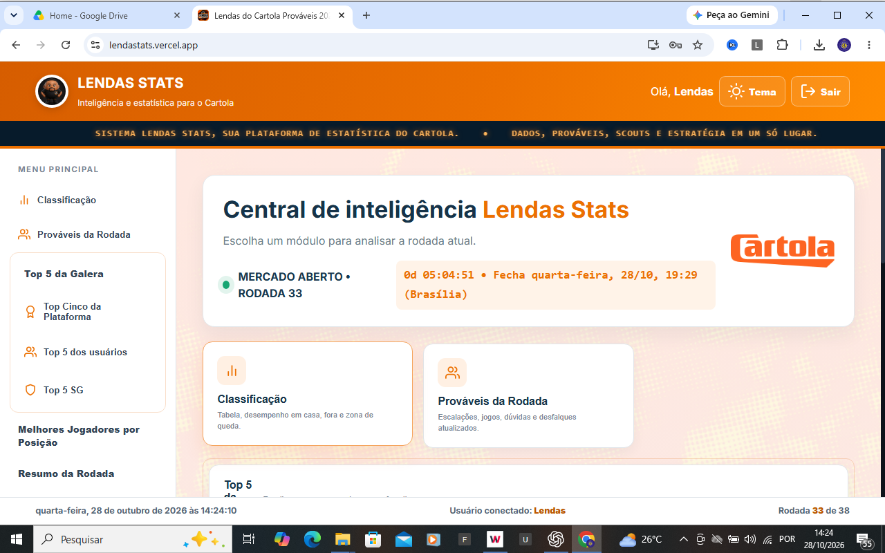 Painel inicial Lendas Stats