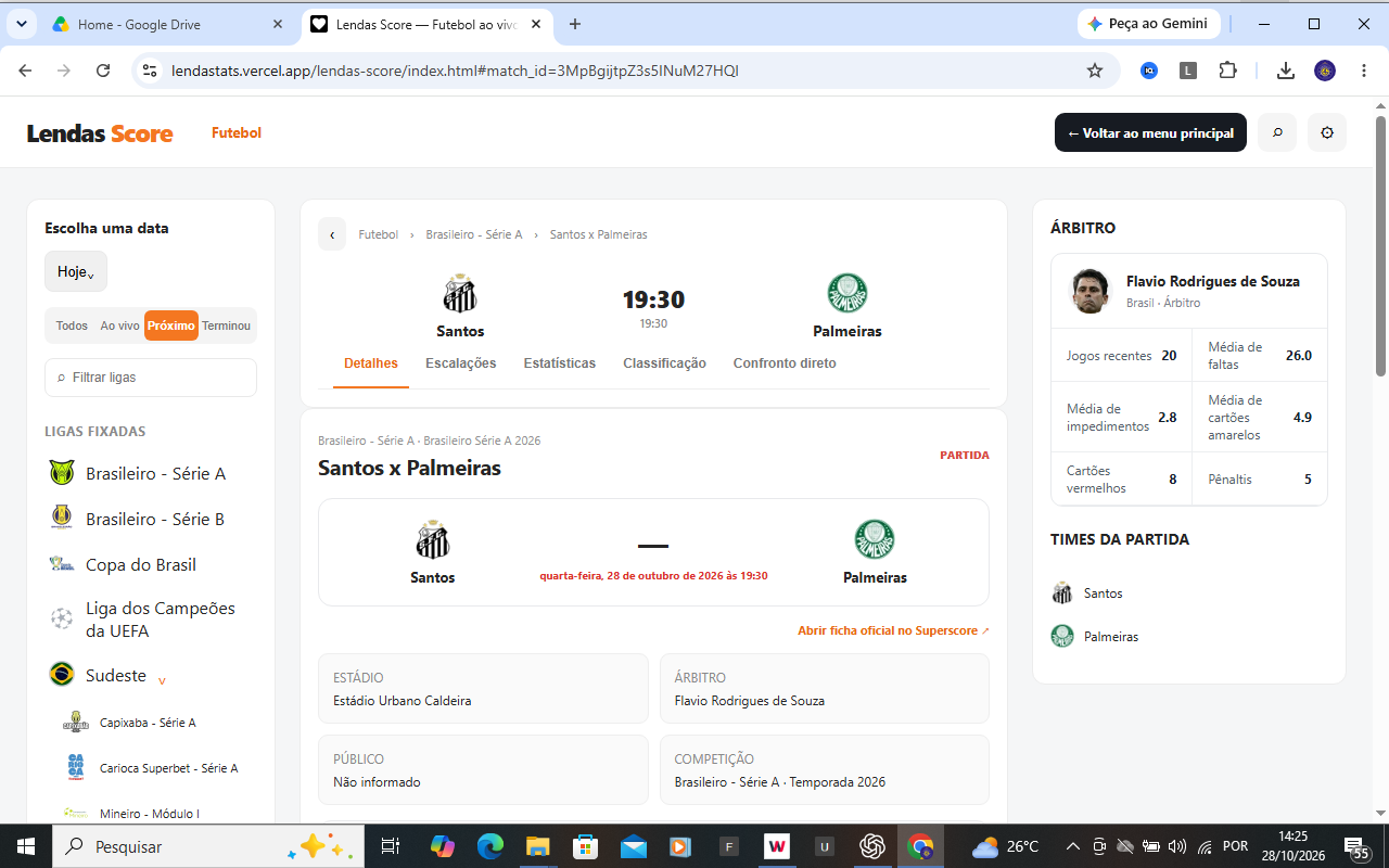 Lendas Score com informações dos jogos